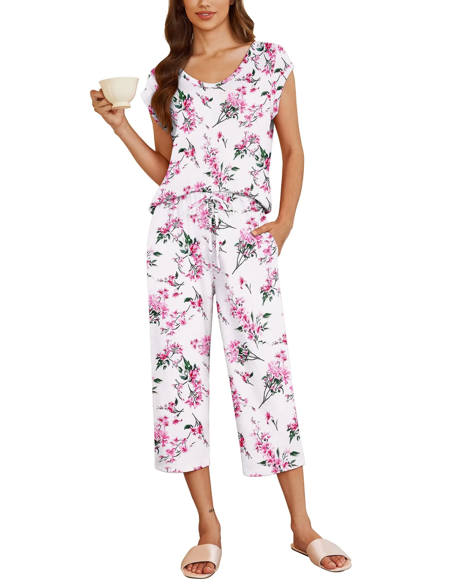 Women’s Floral Capri Pajama Set – Lightweight 2-Piece Sleepwear