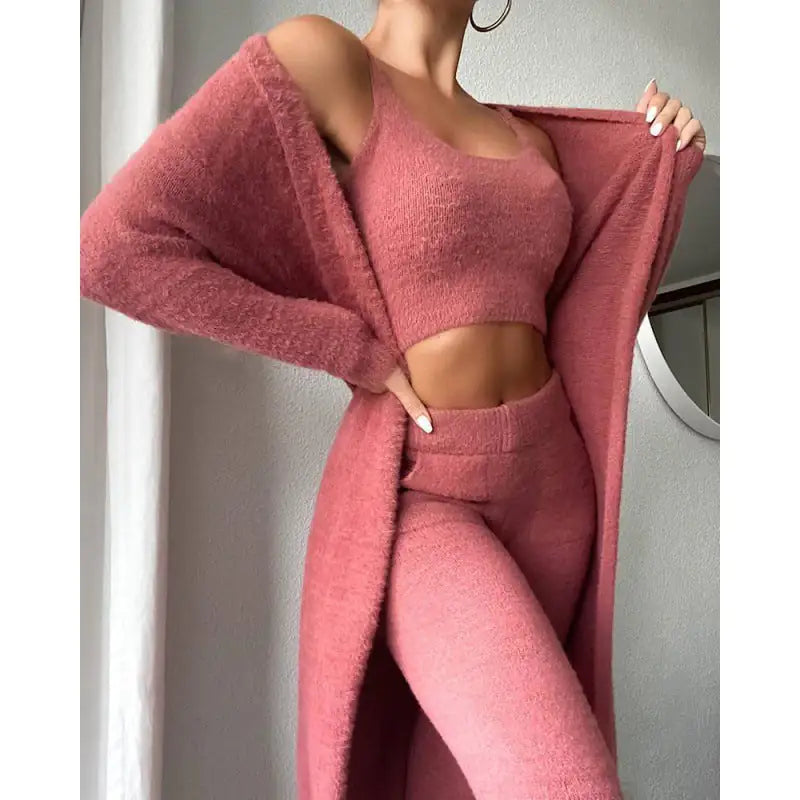 3-Piece Cozy Pajama Lounge Set – Fluffy Winter Loungewear for Women