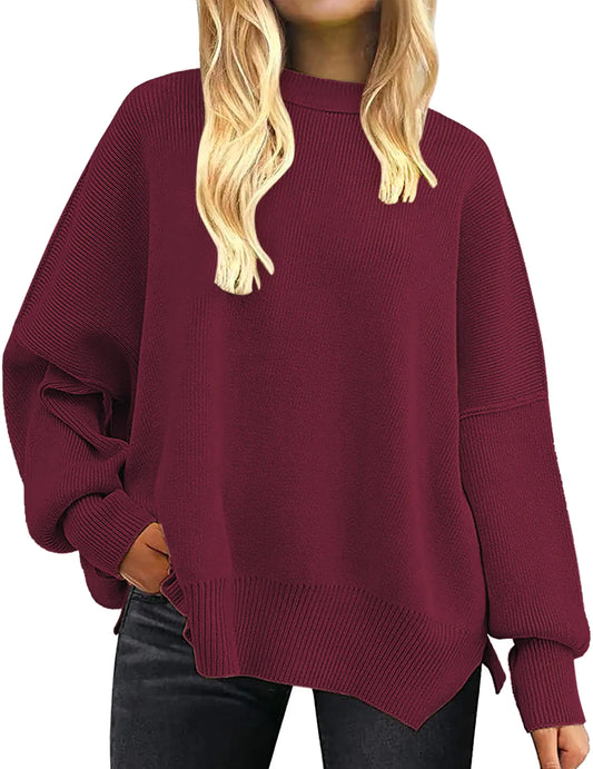Oversized Batwing Knit Sweater – Crewneck Ribbed Pullover with Side Slits