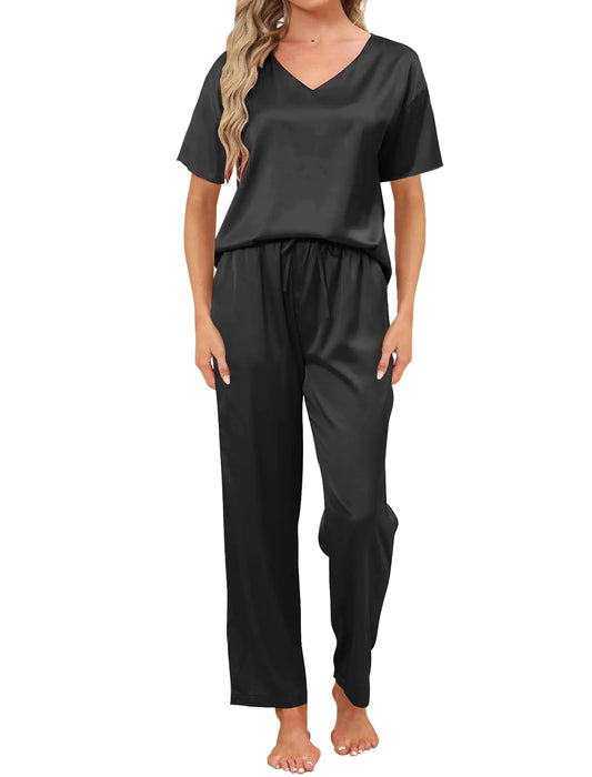 Silk Pajama Set for Women – Short Sleeve V-Neck Two-Piece Sleepwear with Long Pants